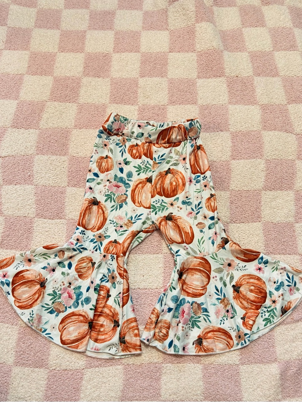 Girls White Pumpkin Print Ruffle Bell-Bottom Pants